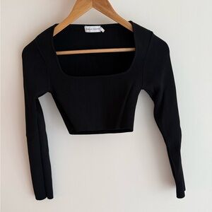 Scanlan Theodore Crepe Knit Black Long Sleeve Square Neck Crop Top Size XS